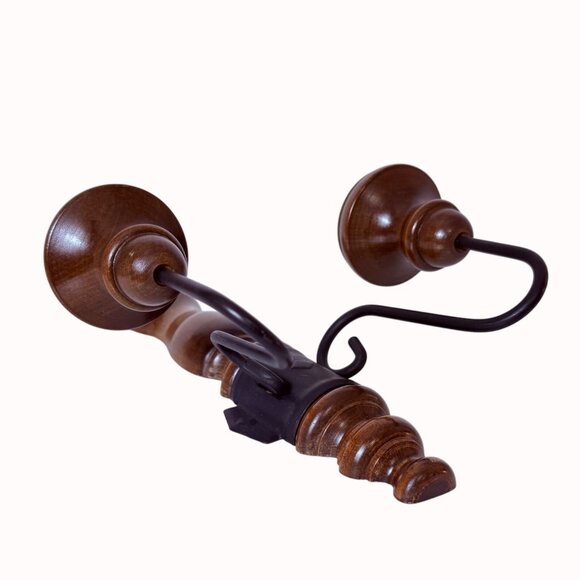Wooden Double Arm Wall Candle Sconce VTG Turned Wood Wrought Iron Taper Holder - Picture 5 of 16